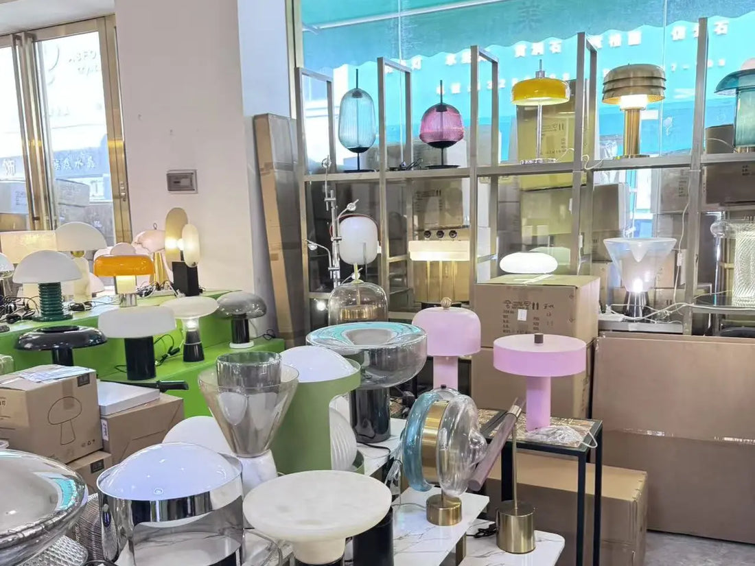 Real table-lamp samples displayed in Tavilume's Guzhen sample room