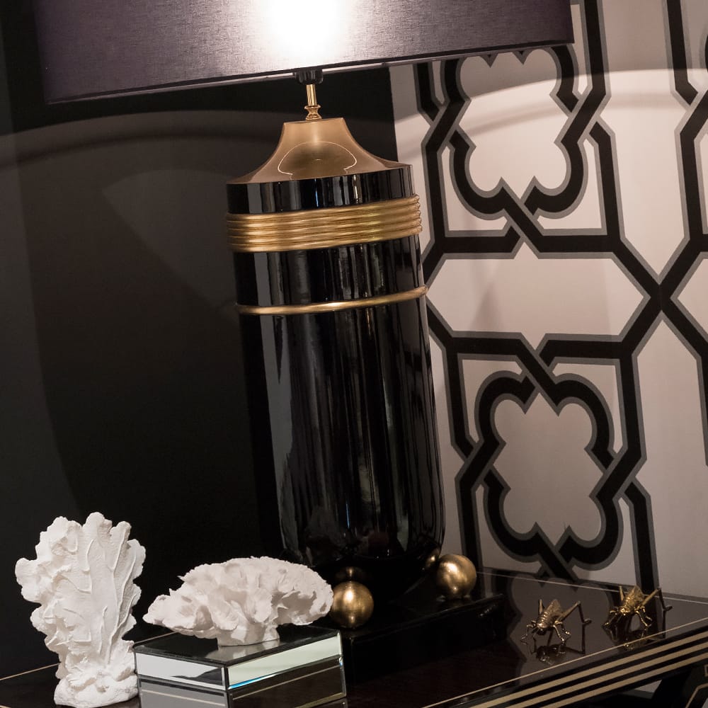 Premium Black Lacquered And Gold Table Lamp by Tavilume - fabric medium table lamp, view 4