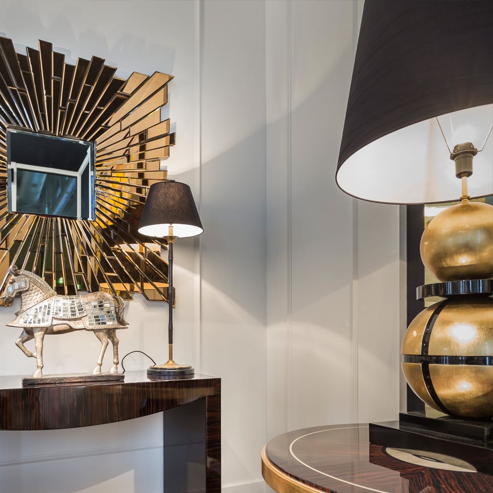Luxurious Large Black Lacquered And Gold Leaf Orbs Table Lamp by Tavilume - fabric medium table lamp, view 3