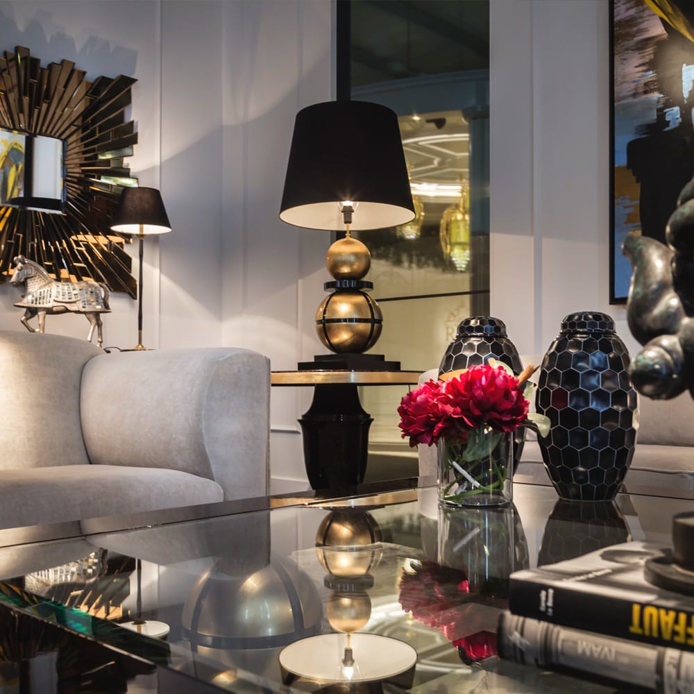 Luxurious Large Black Lacquered And Gold Leaf Orbs Table Lamp by Tavilume - fabric medium table lamp, view 4