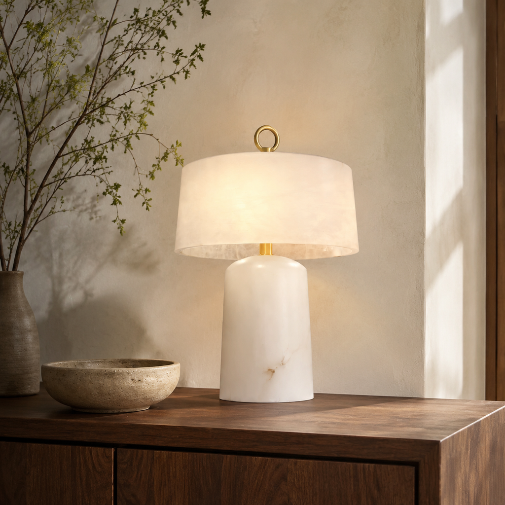 Aogashima Table Lamp product view 4, showing Brass, Iron, Marble and White & Brass