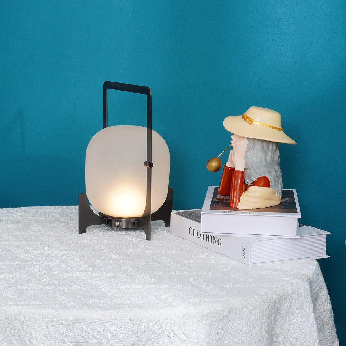 Black Twilight Lantern Table Lamp - ∅ 7.9″ x H 11″ Stainless Steel by Tavilume - glass small table lamp, view 19