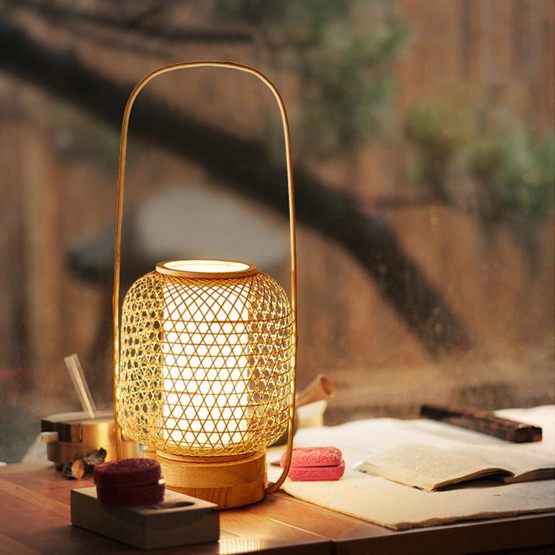 Rustic Woven Bamboo Table Lamp with Cylinder LED Light & USB Port by Tavilume - wood large table lamp, view 1