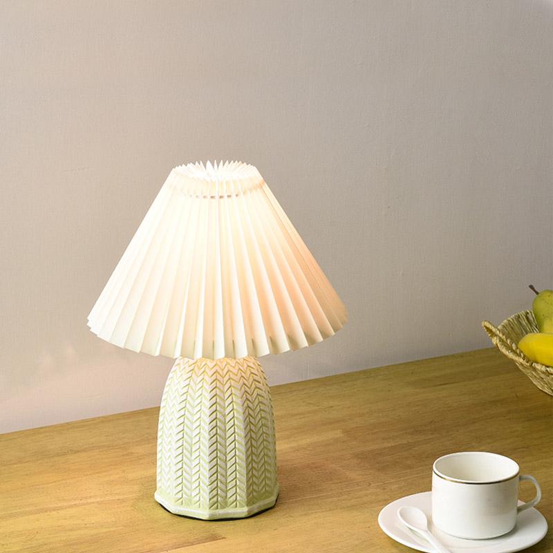 Vintage Tapered Pleated Linen Shade Ceramic 1-Light Table Lamp by Tavilume - ceramic small table lamp, view 2