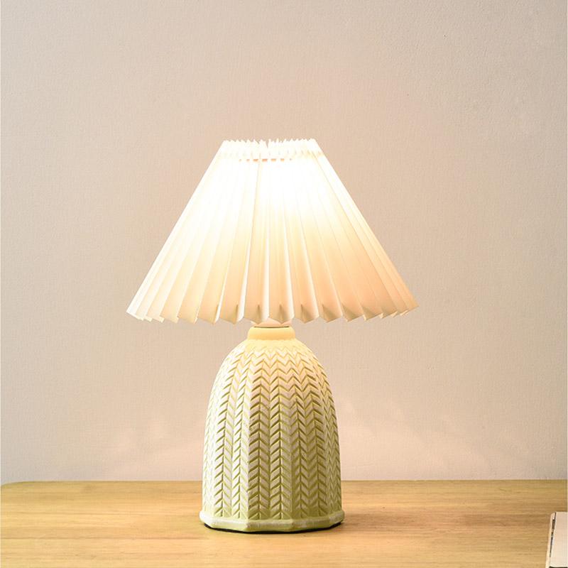 Vintage Tapered Pleated Linen Shade Ceramic 1-Light Table Lamp by Tavilume - ceramic small table lamp, view 3