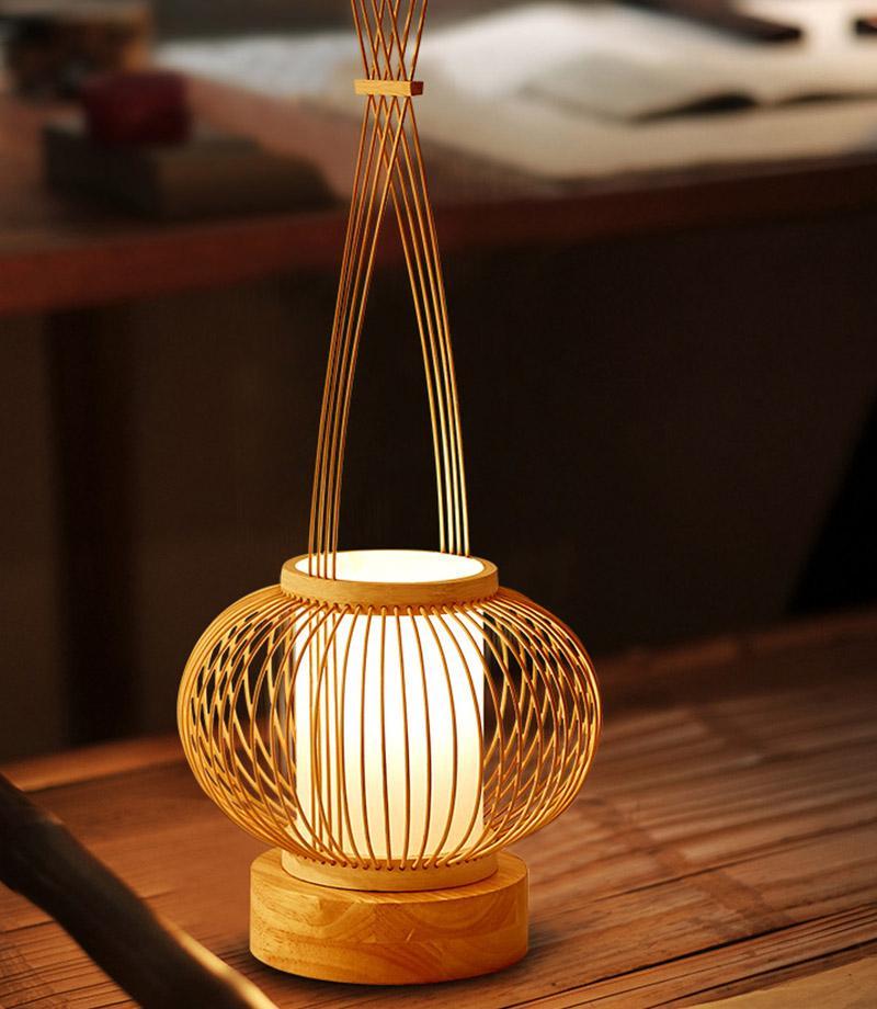 Rustic Woven Bamboo Table Lamp with Cylinder LED Light & USB Port by Tavilume - wood large table lamp, view 2