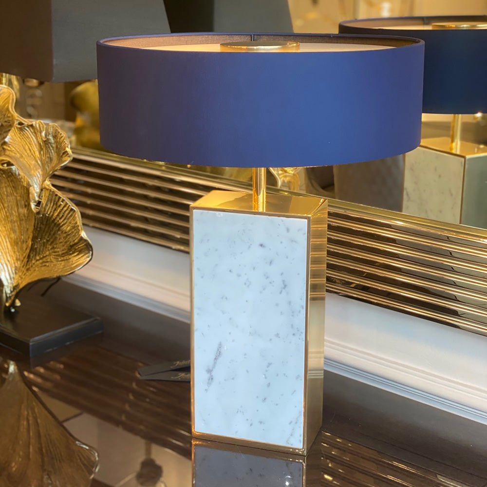 Contemporary Marble Designer Gold Table Lamp With Blue Shade by Tavilume - marble medium table lamp, view 1