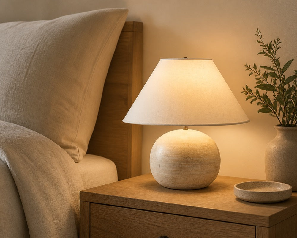 Beachside Table Lamp product view 4, showing Wooden, Fabric, Metal and Wood+White