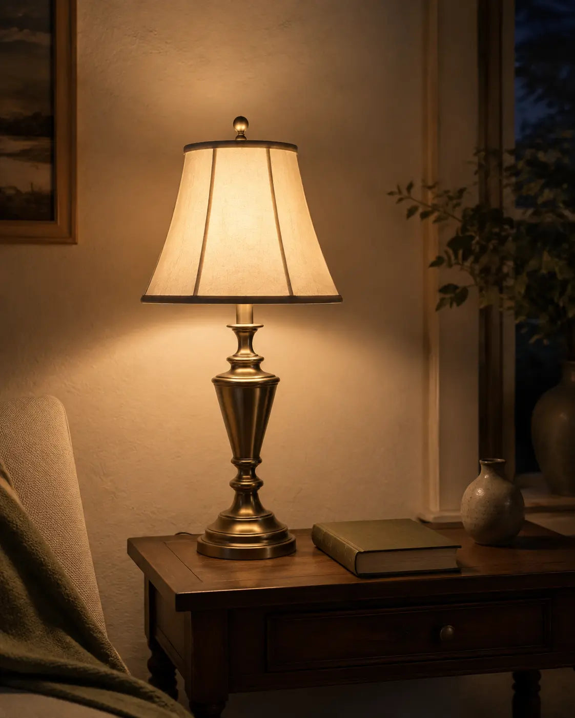 A fully visible Tavilume table lamp in a warm 3000K reading corner