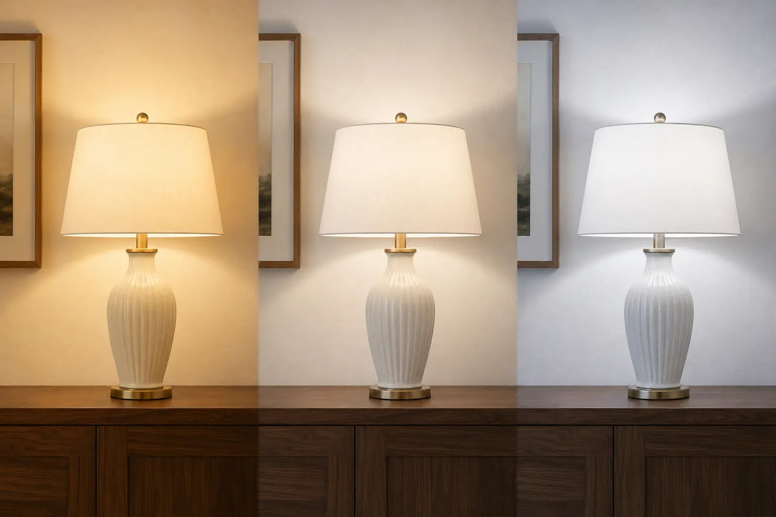 The same fully visible table lamp shown at 3000K, 4000K and 6000K with equal brightness